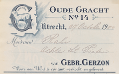 711119 Kop van een nota van de Gebr. Gerzon, Modemagazijnen, Oudegracht [Wz] 14 te Utrecht, ten name van mevrouw ...